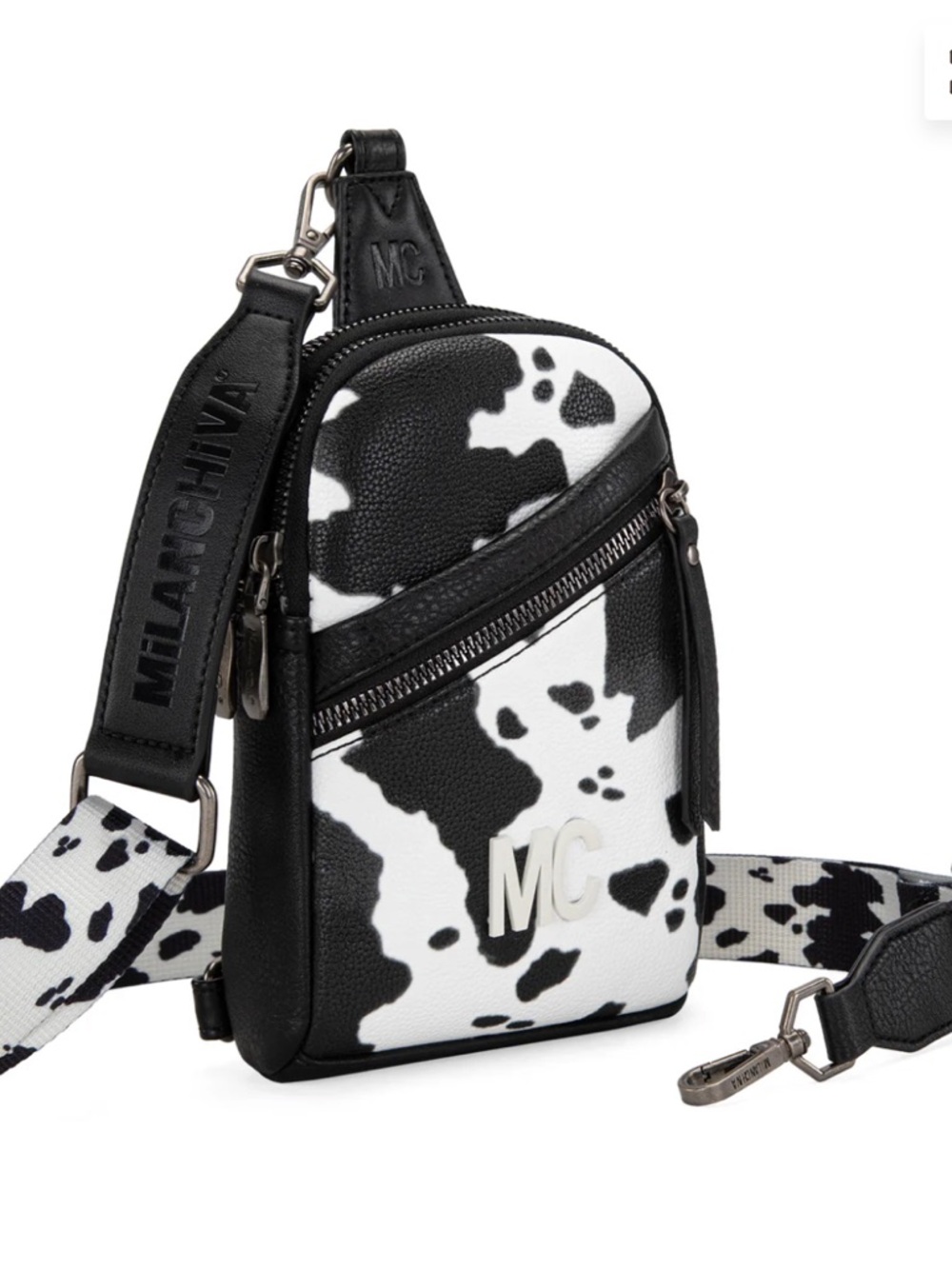 Cow-Print Sling Crossbody Bag in Black & White - Picture 2 of 9